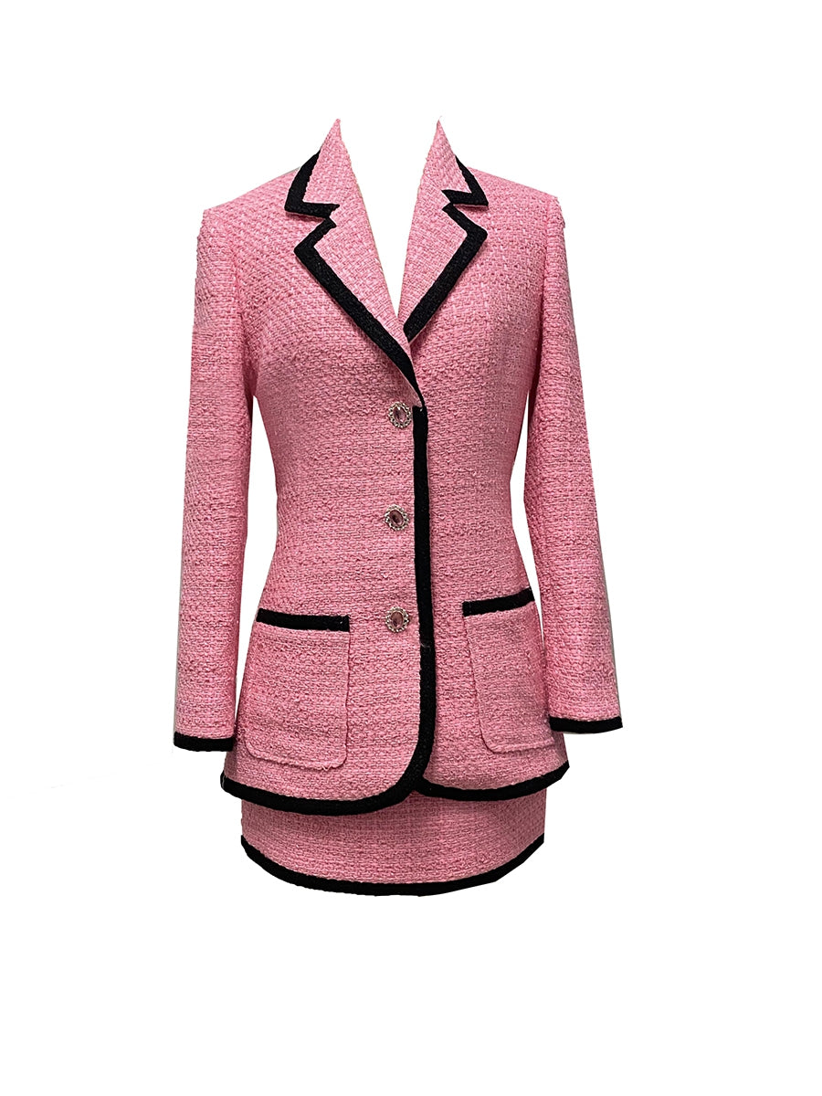 pink and black blazer and skirt set